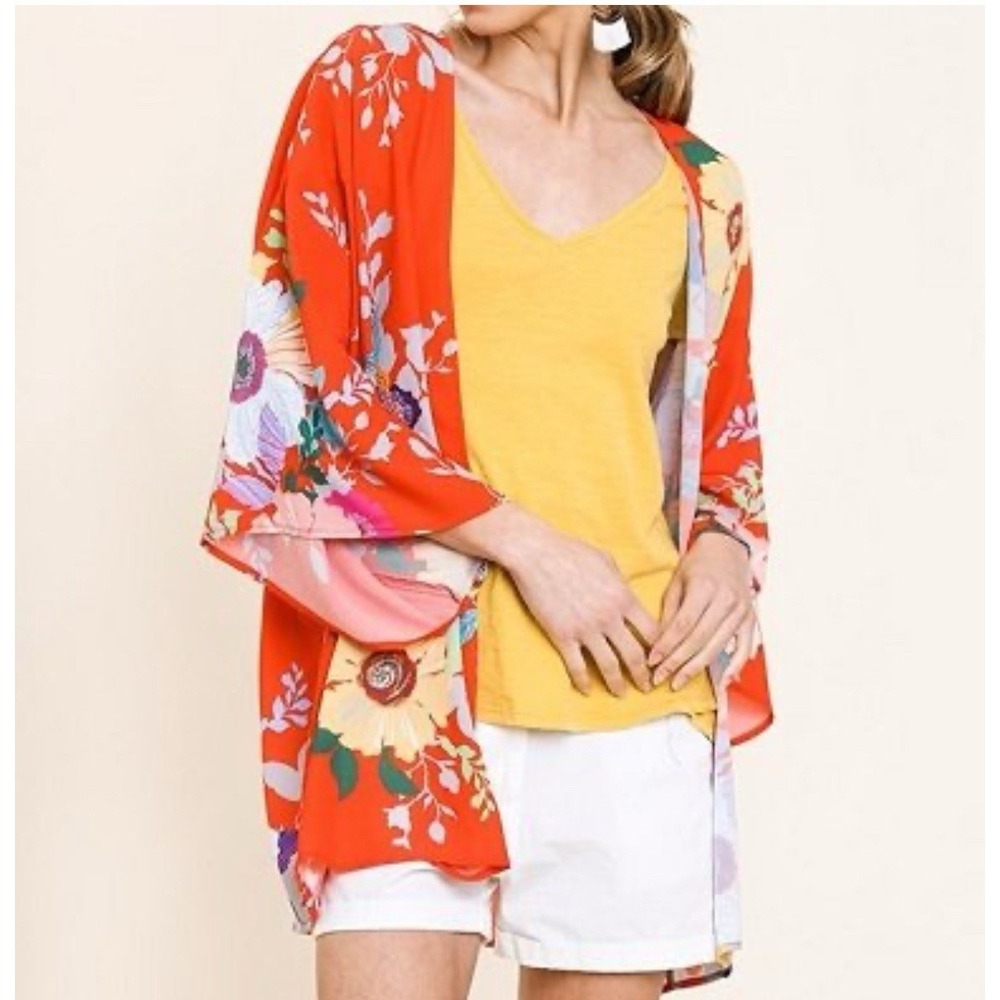 Umgee‎ USA Red Floral Kimono Wrap Boho Size S